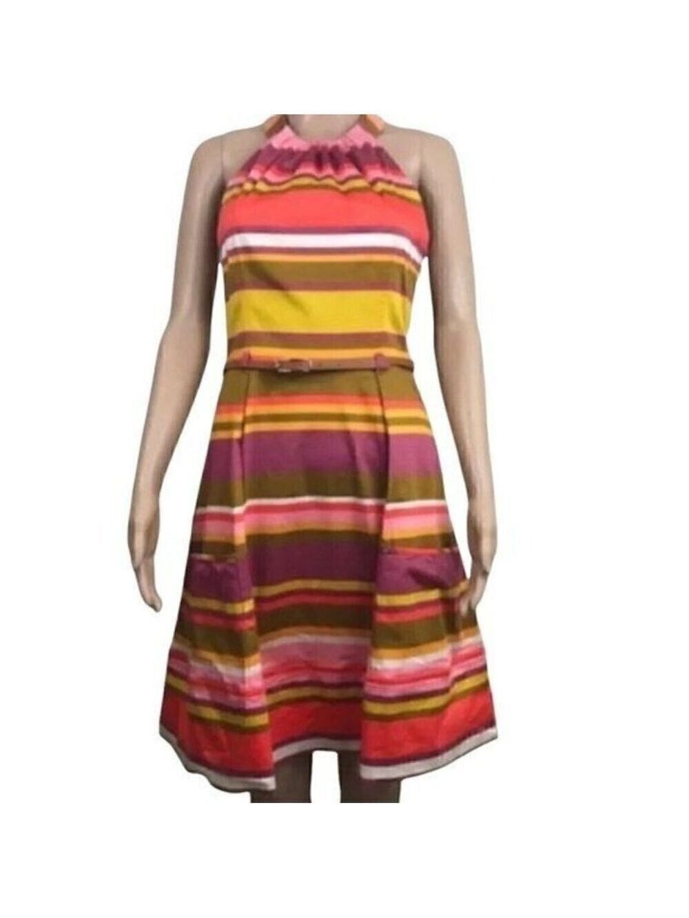New Directions Women's Halter dress belted front pockets striped size 8